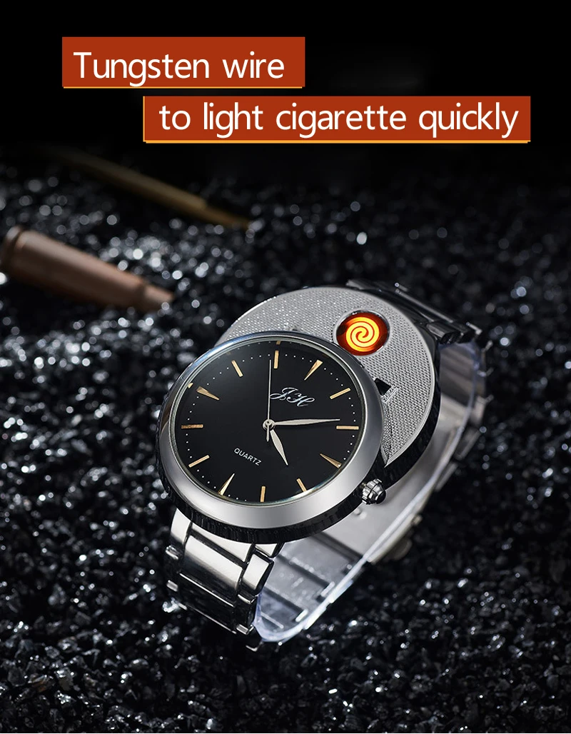 

Free Shipping Mens Designer Watch Flameless USB Charging Lighter Watches Men Black Tungsten Steel Quartz Wristwatches Cigarette