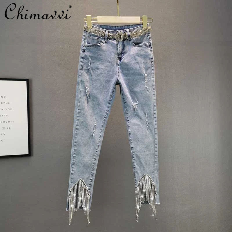 

2021 Summer Elastic Slim High Waist Denim Flare Pants for Women Rhinestone Tasseled Jeans Female Cropped Skinny Pencil Pants