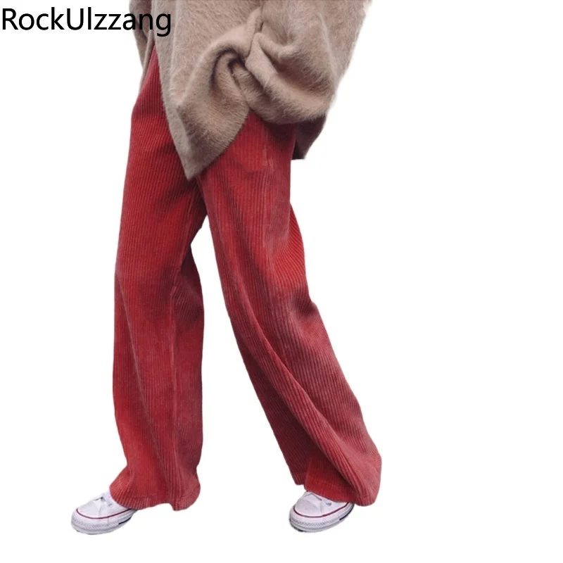 Женские свободные длинные брюки в полоску однотонные вельветовые прямые