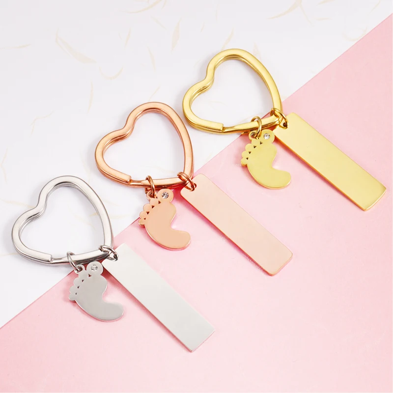 Fnixtar 10Pcs Mirror Polish Stainless Steel Heart Keyrings Crystal Baby Feet Keychains For DIY Custom Name Logo Womens Mens Car