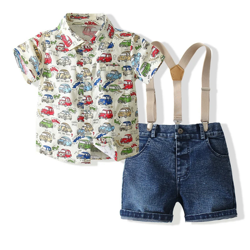 

Summer Kids Baby Boy Clothes Suit Cartoon Short Sleeve Shirt + Suspender Jeans 2PCS Outfits Toddler Boys Casual Clothing 1-5Y