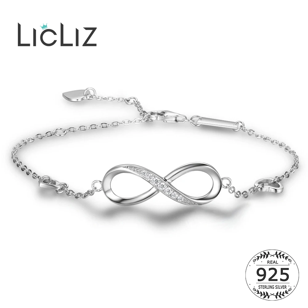 

LicLiz 925 Sterling Silver Hollow Infinite Eternity CZ Zircon Bracelet for Women Adjustable Link Chain Silver Jewelry LB0141