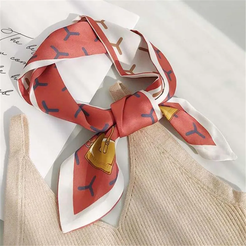 

2020 hijab scarf women bandana silk scarf foulard femme hair scarf Versatile Ribbon decorate Sharp corner printing Small scarf