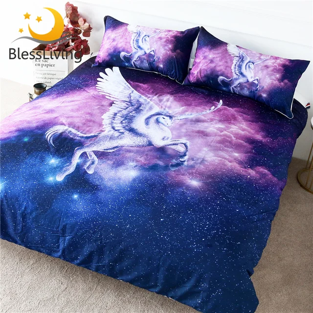 BlessLiving Unicorn Bedding Set Flying Horse with Wings Duvet Cover 3 Piece Psychedelic Space Bedspread Nebula Pink Bedclothes 1