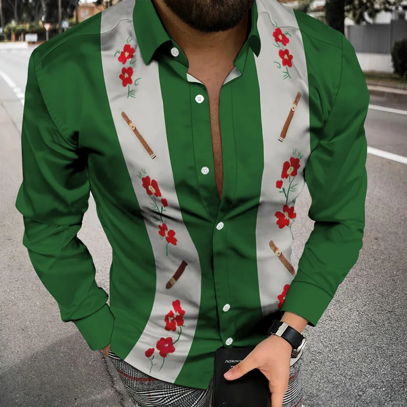 

2021 New Men's Casual Simple Long-Sleeved Shirt Fashion Lapel Button Cardigan Shirt Autumn Patchwork Stripe Printed Men's Shirt