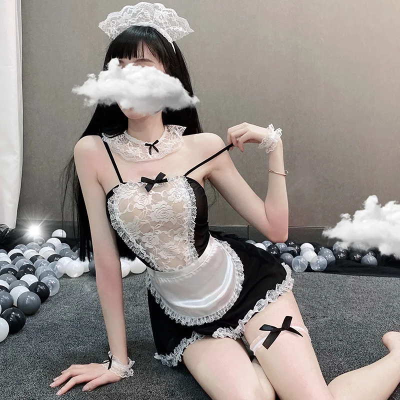 

Sexy Erotic Lingerie French Apron Maid Servant Lolita Costume Babydoll Dress Lesbian play Cosplay Lace Uniform Set For Women