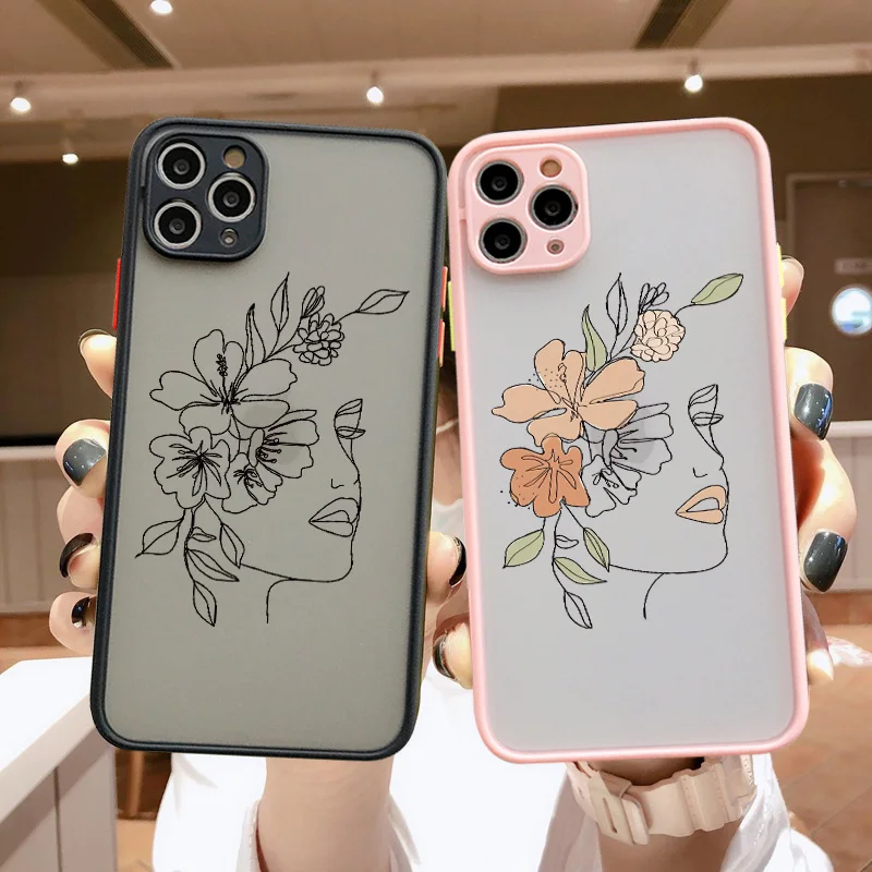 

Line Art Sketch Flower Girl Protection Phone Case For iPhone X XS XR SE 2 12 11 Pro MAX Mini 6s 7 8 Plus Hard Translucent Cover