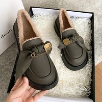 2022 autumn winter new style bowknot retro fashion small leather shoes women plus velvet comfortable thick sole pedal loafers