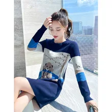 Outono e inverno 2021 camisola de fundo vestido de malha de manga longa azul médio em torno do pescoço (1)