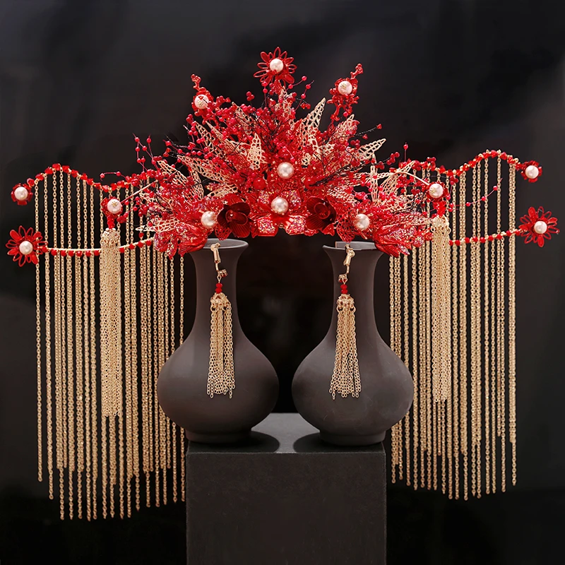 

Женский свадебный головной убор Xiuhe, Красная корона феникса с кисточками в старинном стиле, аксессуары для волос на свадьбу, 2021