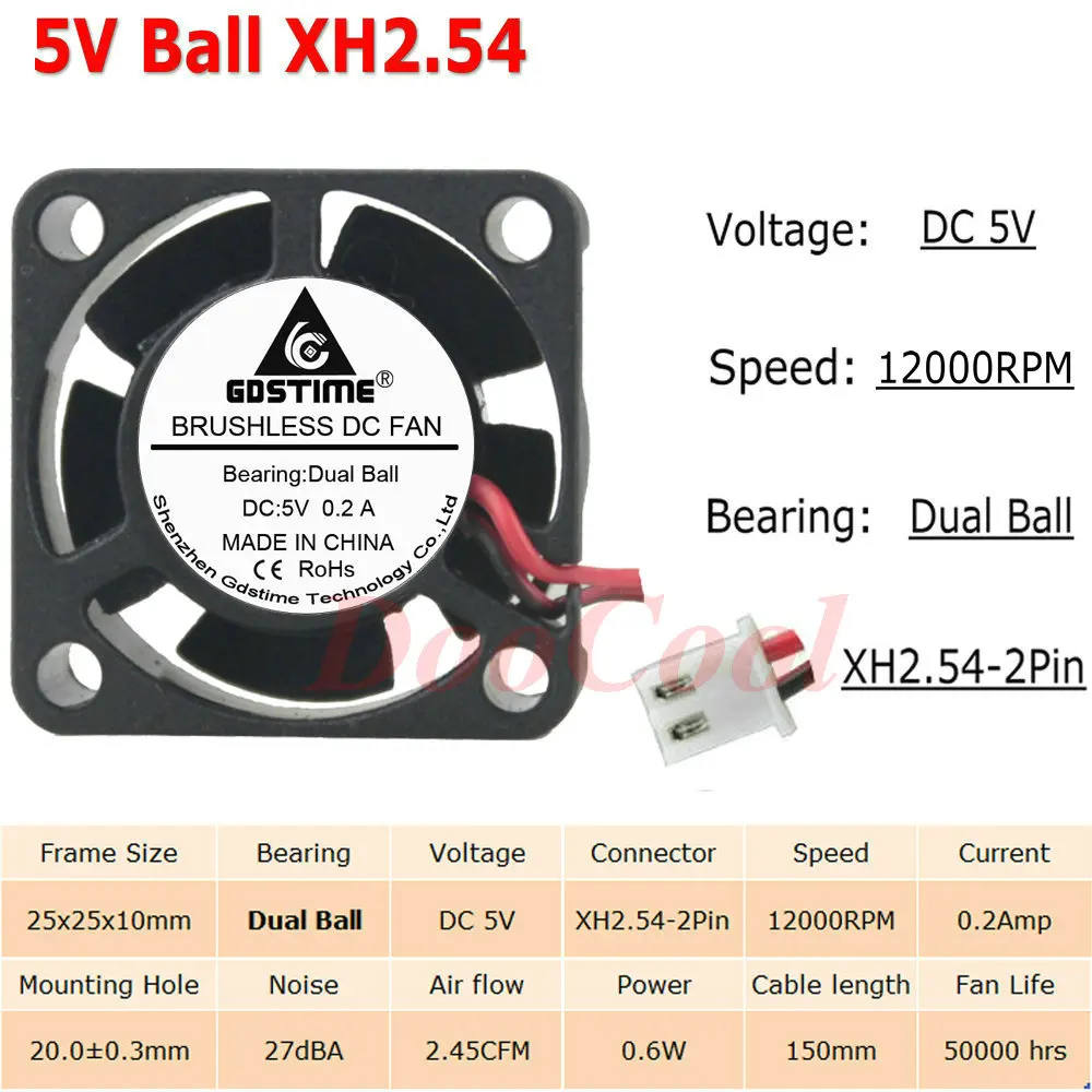 5V Ball XH2.54 5 шт. Gdstime с фокусным расстоянием 25 мм 25x25x10 мм 2Pin JST Dupont 5 В, 12 В, 24 В постоянного тока, 2510 рукав Шаровая Опора радиатора мини Бесщеточный Охлаждающий вентилятор Cooler - Цвет лезвия: 5V Ball XH2.54