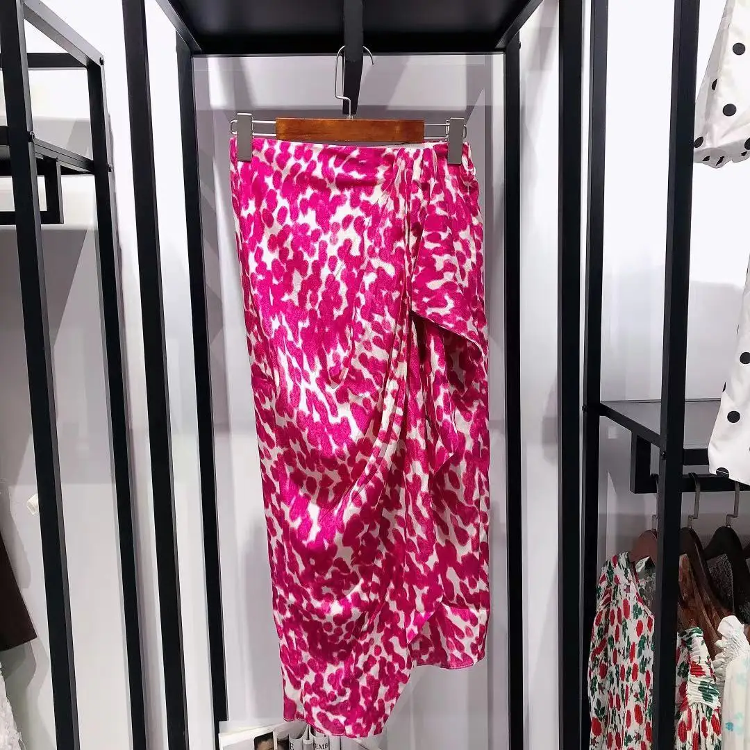 

Women Skirt 2021 Autumn New Printed Silk Pleated Rose Red Mid-length Skirt