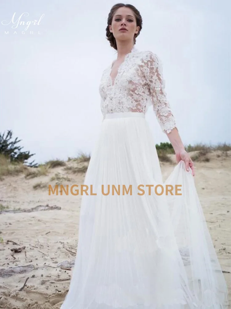 

MNGRL Simple Flower Wedding Dress V-neck Long Sleeve Chiffon Bohemian Backless Wedding Gown Custom Made Robe de mariée