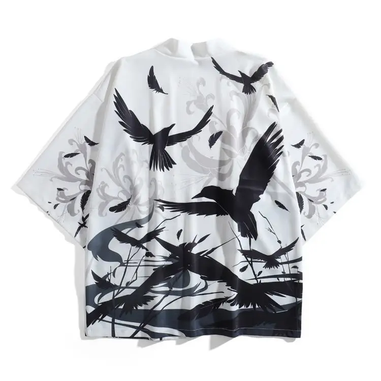 

Novelty Print Crow Cardigan Kimono Yukata Robe Haori Obithin Loose Japanese Sunscreen Coat Men Women Summer Asian Clothing Tops