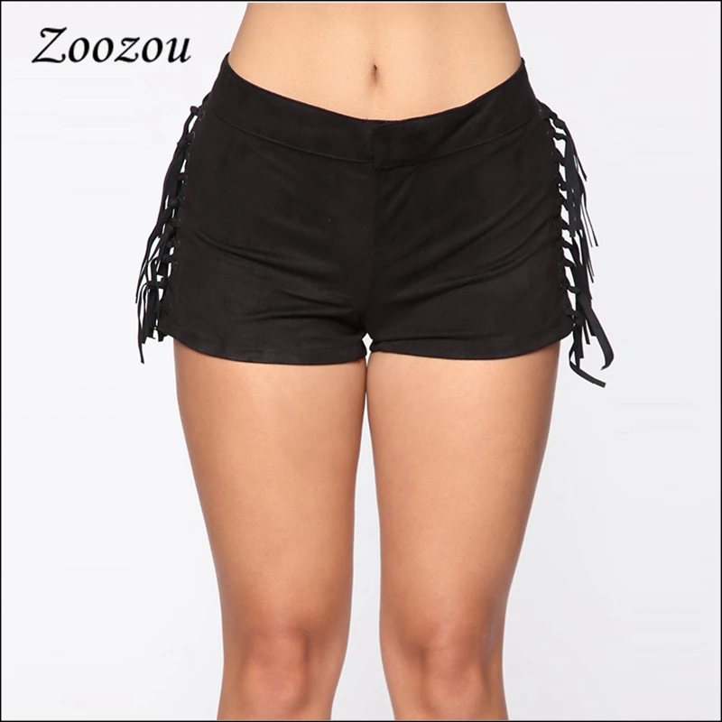 

Шорты женские замшевые на шнуровке с боковыми шнуровками, летние эластичные облегающие короткие брюки черного цвета, женские шорты со сред...