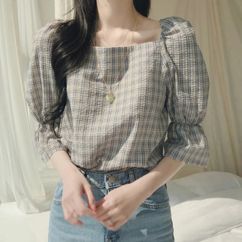 

Casual Puff Sleeve Blouse Summer Fashion Square Neck Women Shirts Tops Sweet Half Sleeve Slim Shirt Top