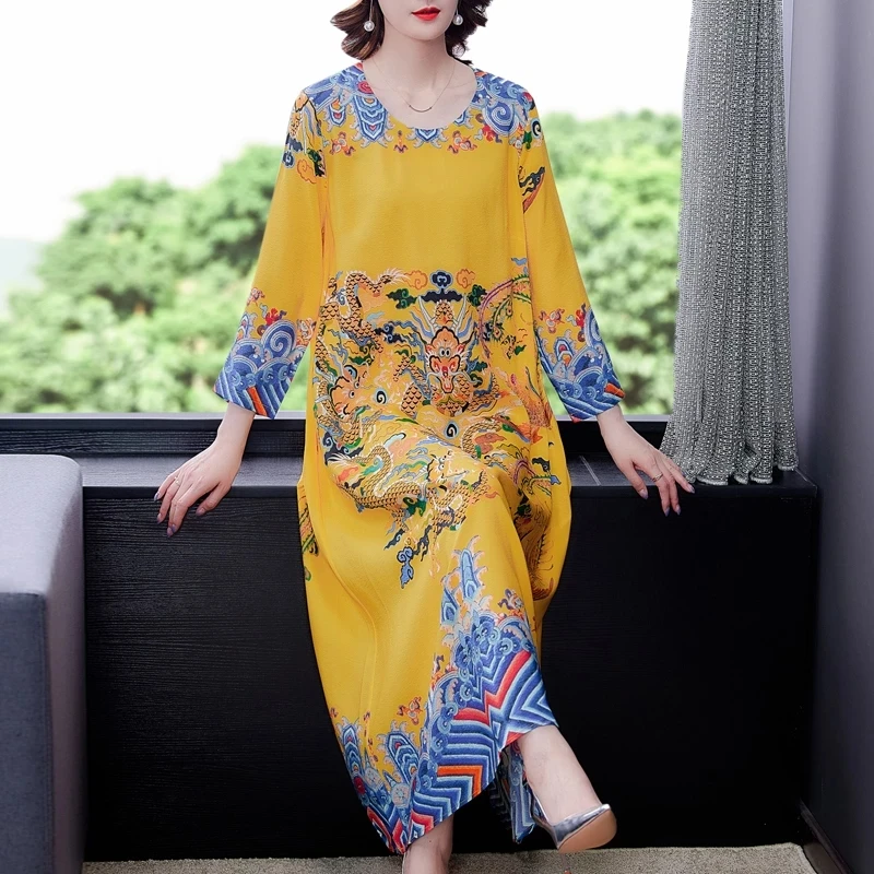 

2021 Chinese Style Noble Print M- 3XL Plus Size Maxi Dress Spring Autumn Vintage Mulberry Silk Dress Women Elegant Vestidos