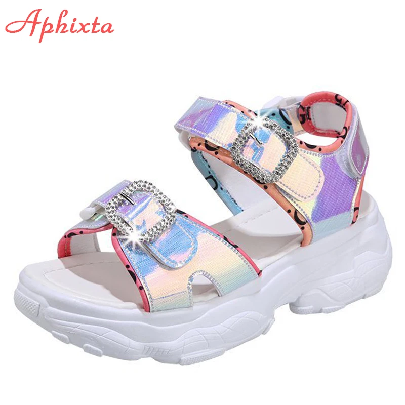 

Женские сандалии на липучке Aphixta, летние разноцветные сандалии с кристаллами и пряжкой, с блестками
