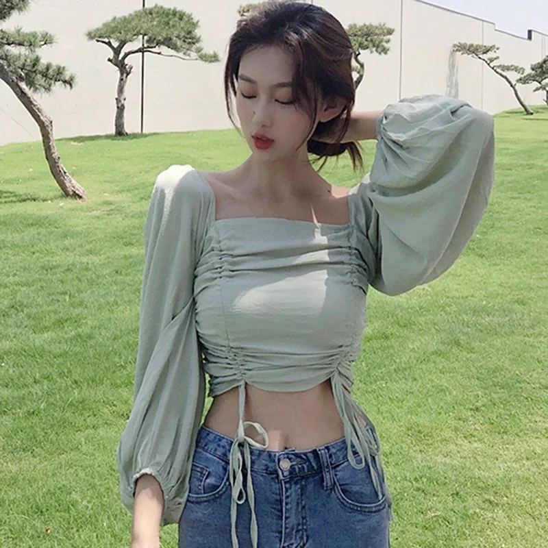 

Women's Fashion Soild Square Collar Sexy Sweet Pleated Short Chiffon Long Sleeves Shirts Tops 2020