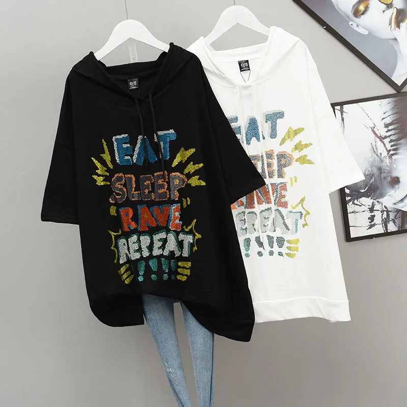 

2022 Summer Hooded Letters Hot Rhinestone Simple Black T-shirt Women Loose Thin Stretch New Trendy Ins T-shirt Free Shipping