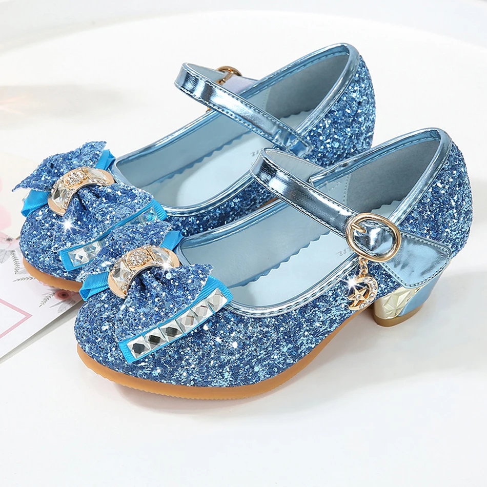 

Princess Kids Leather Shoes for Girls Flower Casual Glitter Children High Heel Girls Shoes Bow Knot Elsa Cinderella Raounzel