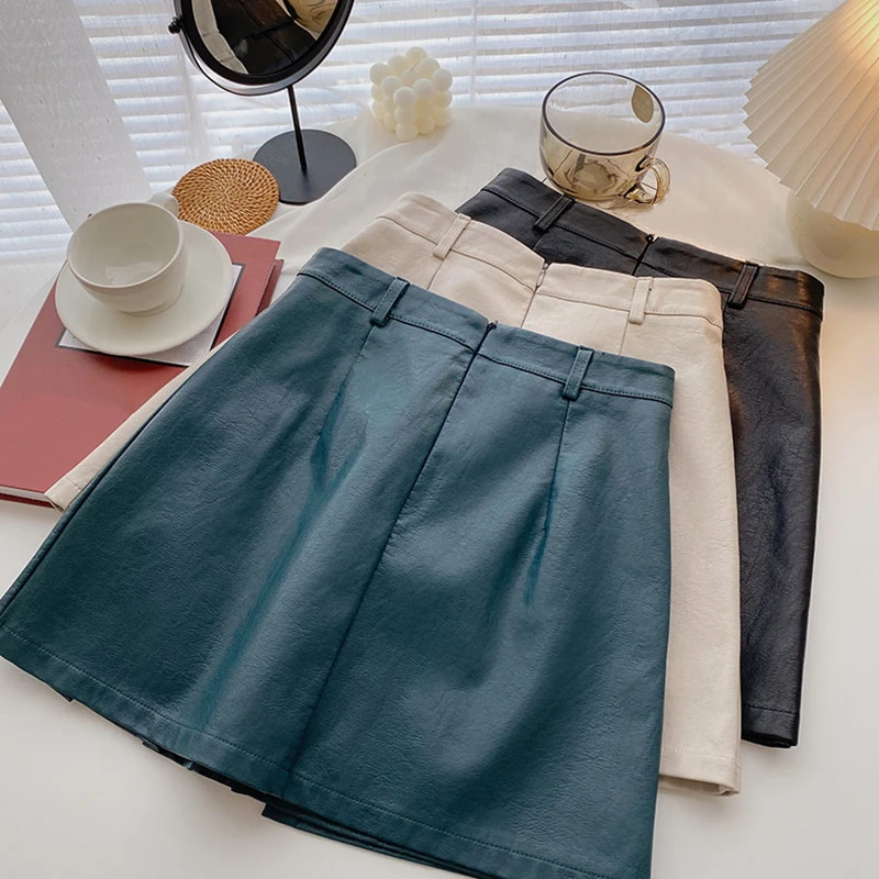 DIMI Slim A-Line Asymmetrical Pleated Skirts Streetwear Casual Mini Skirt Ladies Korean Japan Harajuku Pu Leather High Waist