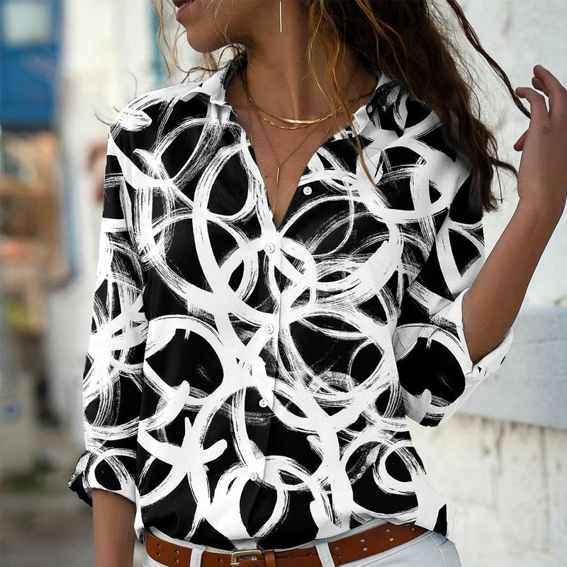 

Retro Pattern Print Shirts Women Spring Elegant Single Breasted Button Blouse Shirt Autumn Fashion Long Sleeve Office Lady Blusa