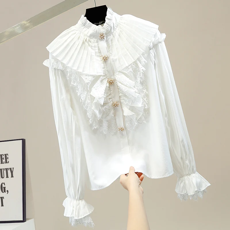 

Женская однобортная блузка, кружевная блузка составного кроя с расклешенными рукавами-фонариками, воротником-стойкой и оборками