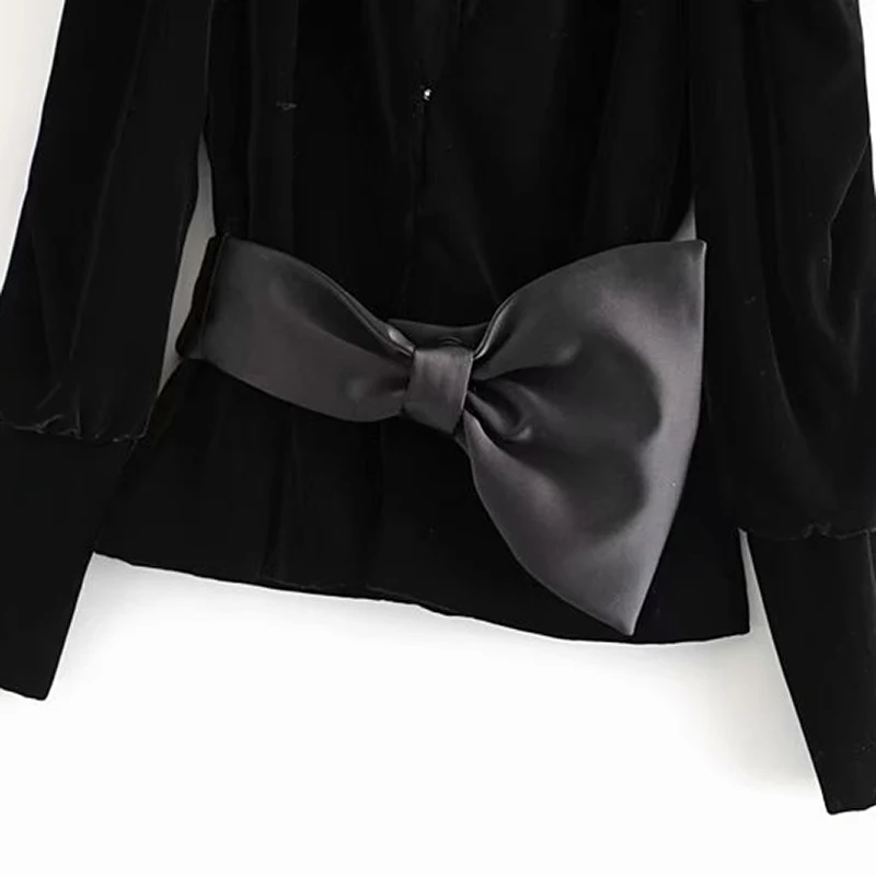 Women Velvet Jacket Elegant Lady Deep V Neck Big Bow Sashes Long Puff Sleeve Coat Winter Chic Female Outwear Office Suit | Женская