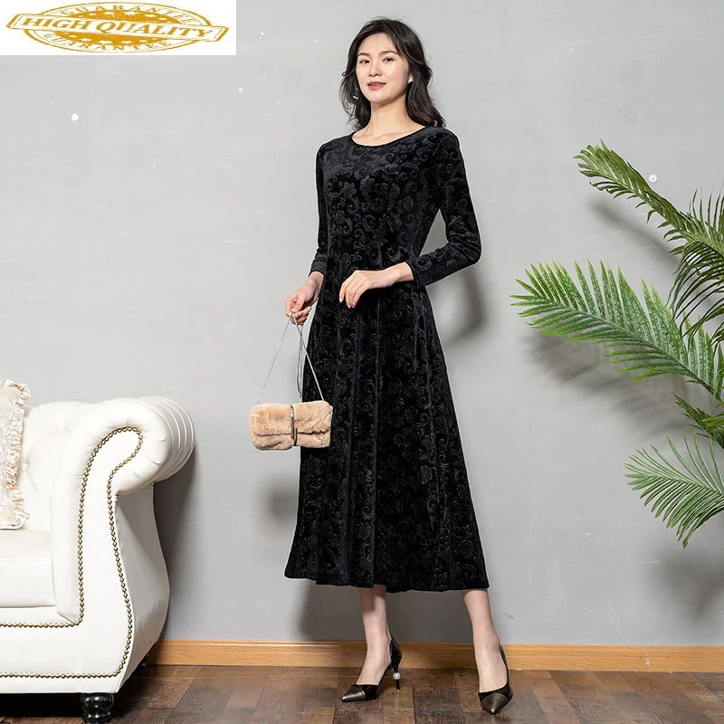 Spring Dress Women Velvet Elegant Long Embossed Womens Dresses New Arrival 2019 Sleeve Vestido KJ2089 | Женская одежда