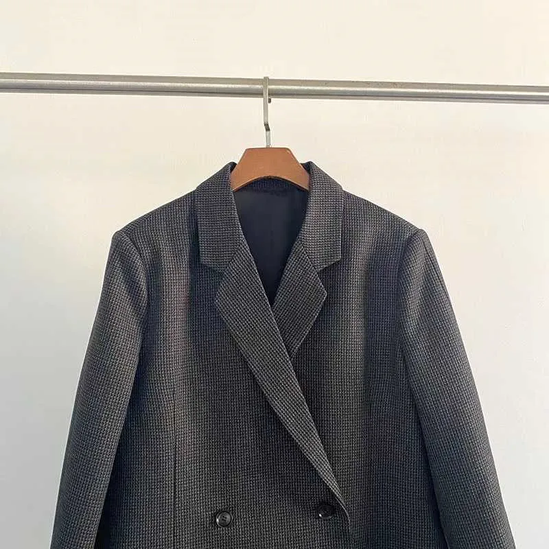 

2021 Spring New Style Woman Slit Dark Grey Wool Checked Blazer Fashion Oversized Double Breasted Lady Suit
