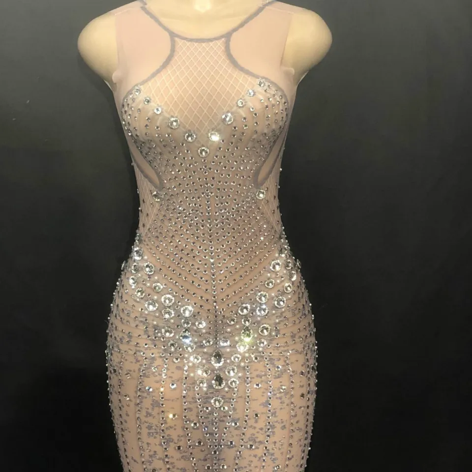 Sexy Bling Long Rhinestone bodycon Dress Women Net Yarn Sparkling Crystal Sleeveless Nightclub Party Dancer Singer Stage Wear |