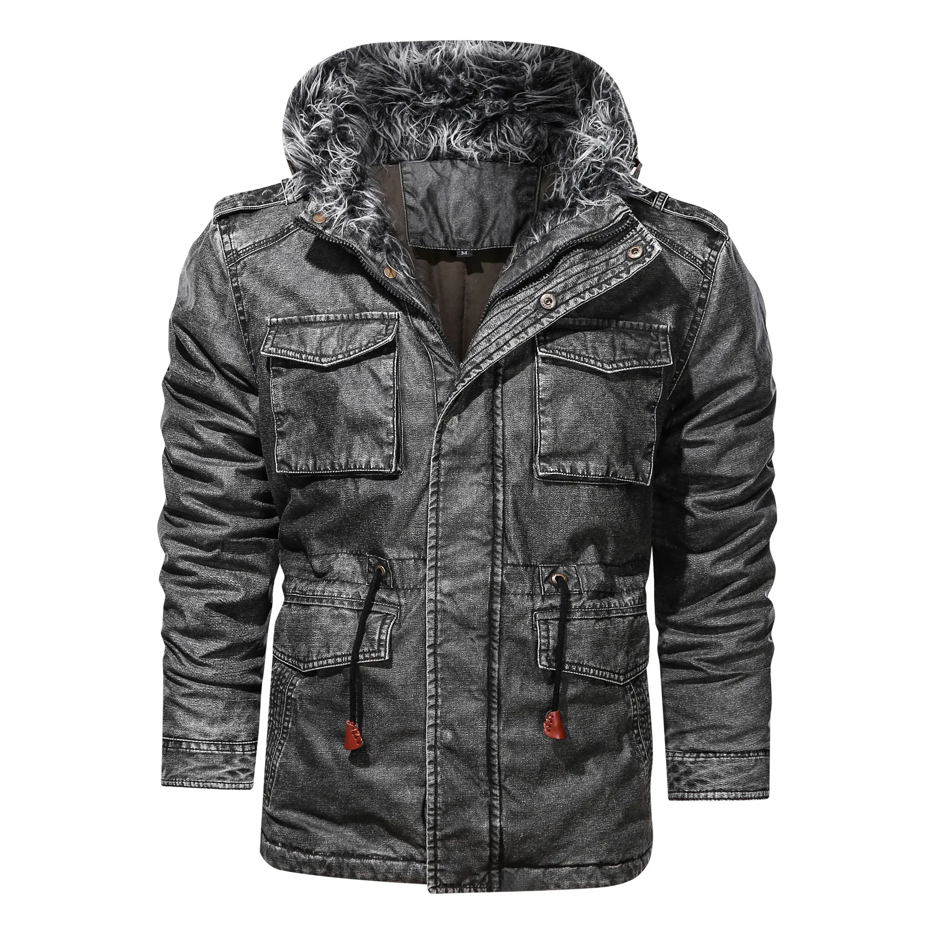 2021 Ouma men's casual multi-pocket big fur collar personality tooling retro mid-length cotton jacket men's trend