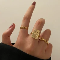 smile face ring rock 3pcs chain metal open finger rings set accessories for women men lovers trendy golden color travel jewelry