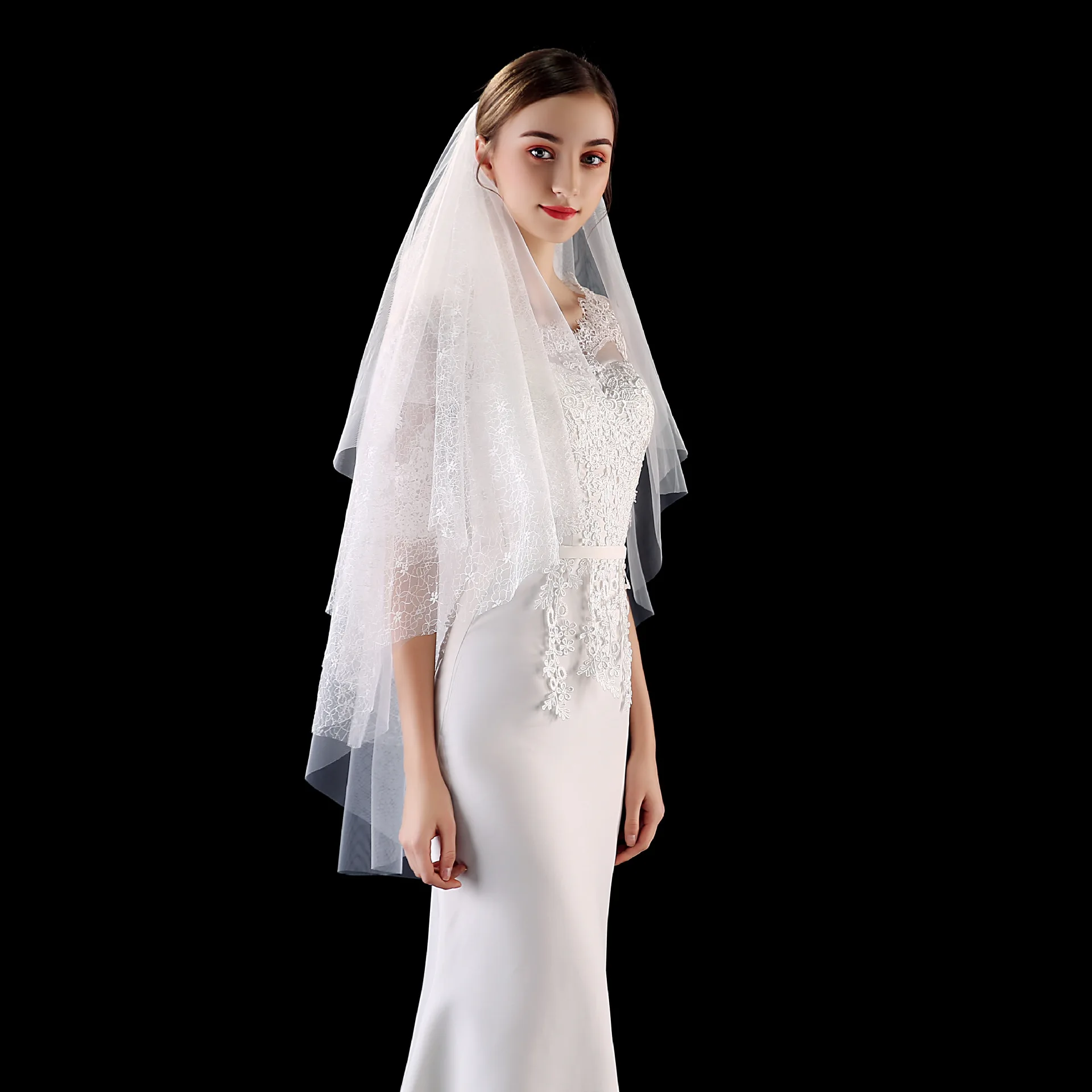 Beautiful 1Meters 4 Layer Flower Lace and tull Short Wedding Veil with Comb Bridal Accessories velos de novia | Свадьбы и торжества