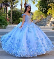 light sky blue quinceanera dresses ball gown off shoulder 3d rose flowers puffy sweet 16 dress celebrity party gowns graduation