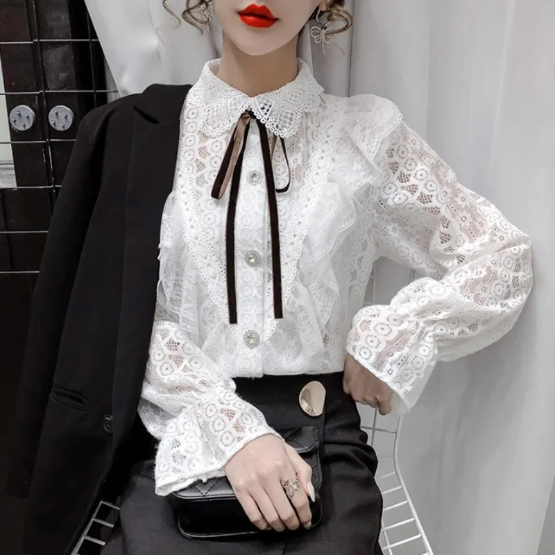 #2015 весенние кружевные женские рубашки с бантом и воротником лацканами