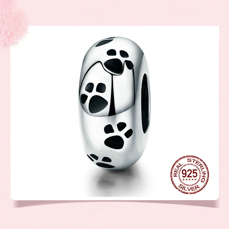 Genuine 925 Sterling Silver Pet Dog Cat Paw Print Charm Round love my pet Spacer Charms Beads for Bracelet DIY 10mm x 4mm | Украшения и
