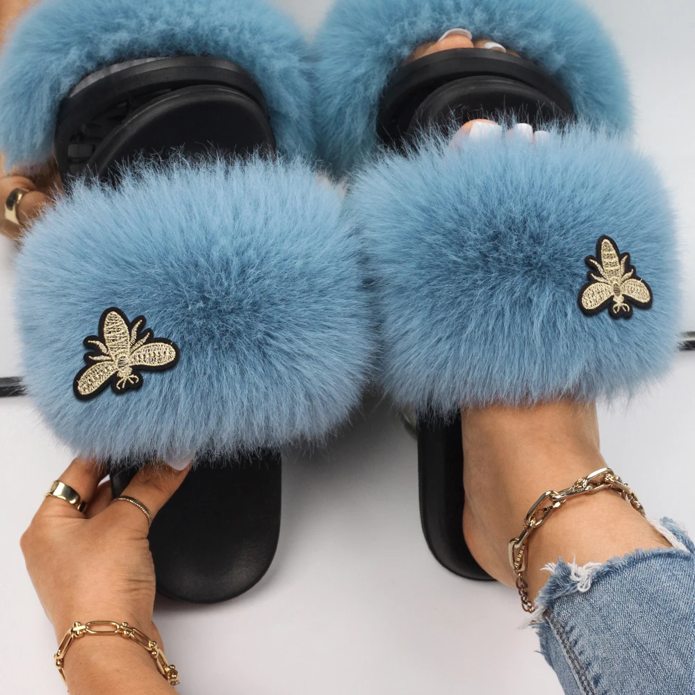 Women's Slippers Insect Applique Faux Fur Slides Fluffy Flip Flops Flat Fur Sandals Fashion Cozy Winter Slippers Furry Shoes