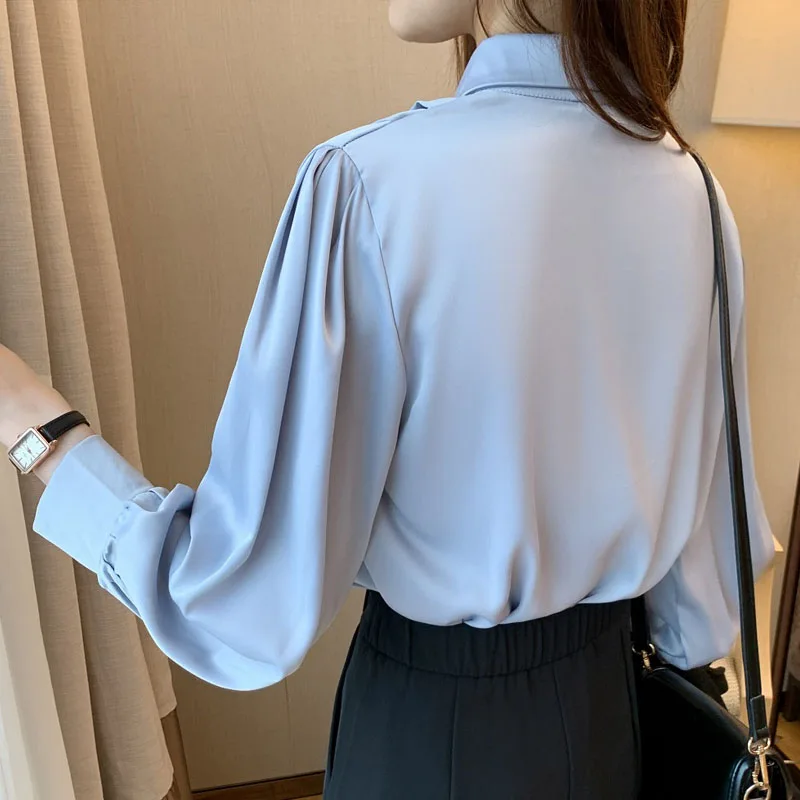 

2021 New Korean Womens Tops and Blouse Loose Autumn and Winter OL Chiffon Casual Button Solid Turn-down Collar White Shirts 0885