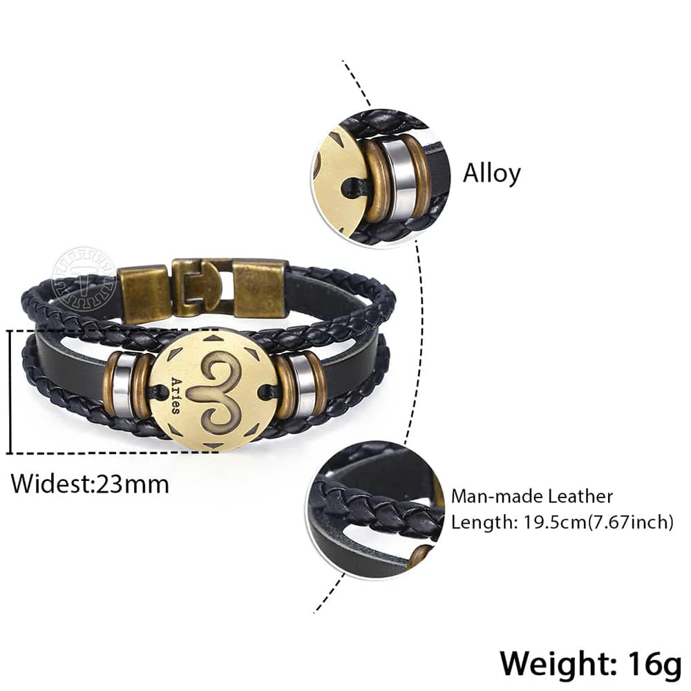 Мужской кожаный браслет 12 знаков зодиака винтажный очаровательный в стиле ретро