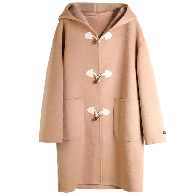 

Long Autumn Coats and Jackets Fleece Warm Wide-waisted Horn Button Women Jacket Winter with Hood