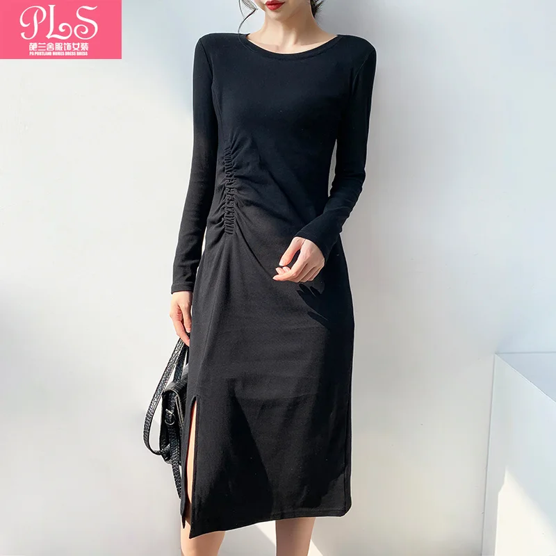 

Spring and Autumn New Korean Style Slim-Fit Long Sleeve Inner Bottoming Shirt Solid Color Mid-Length Slit Hemline at Hem Dress