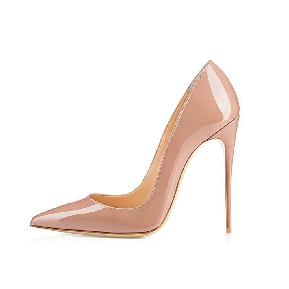 12cm nude heels GENSHUO/Женская обувь на тонком высоком каблуке-шпильке с острым носком из лакированной кожи большие размеры 12 брендовые свадебные туфли-лодочки Белый шпилька Неглубокие насосы для вечеринки каблуки лодочки туфли - Цвет: 12cm nude heels