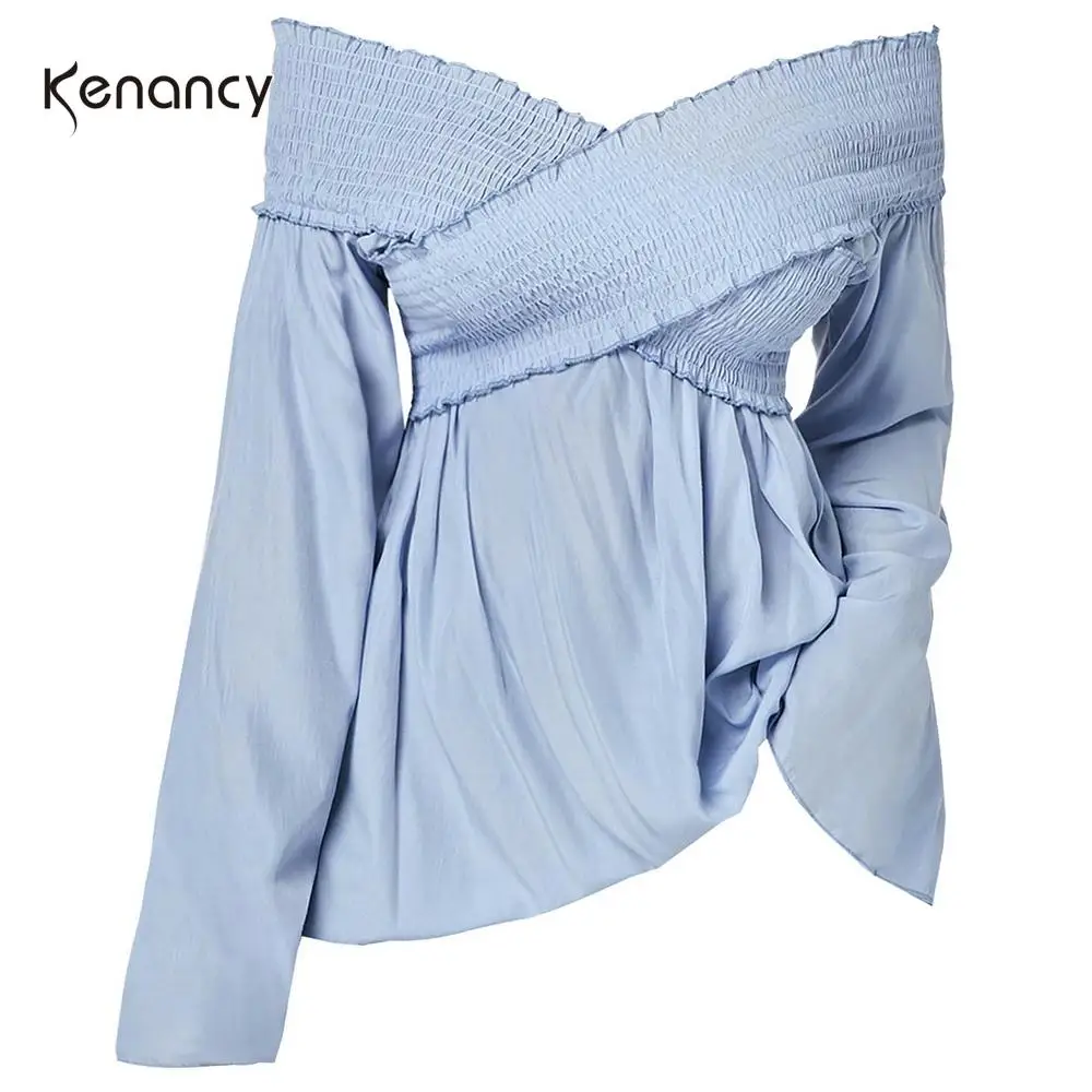 Kenancy Женские топы с открытыми плечами большие размеры весенние рубашки длинными