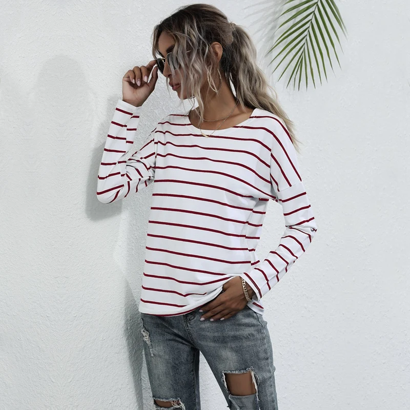 

Striped T-Shirt Women Casual Cotton Stretchy Long Sleeve Spring Autumn Tops Tee