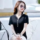 Летняя женская футболка с капюшоном, женские футболки с коротким рукавом, размера плюс, однотонные повседневные топы, новая футболка из хлопка, на молнии