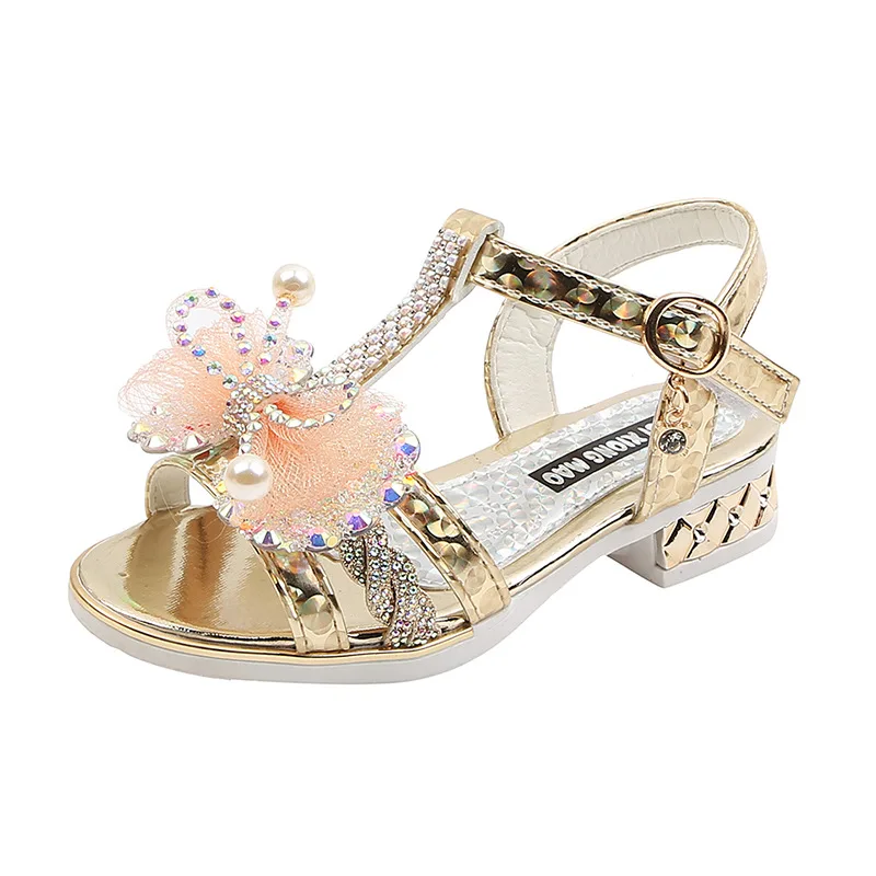 

3-12 Years Fashion Crystal Bow High Sandal Girl Summer 2021 Sandals Kid Children'S Party Dress Shoes For Princess Beach Shoe