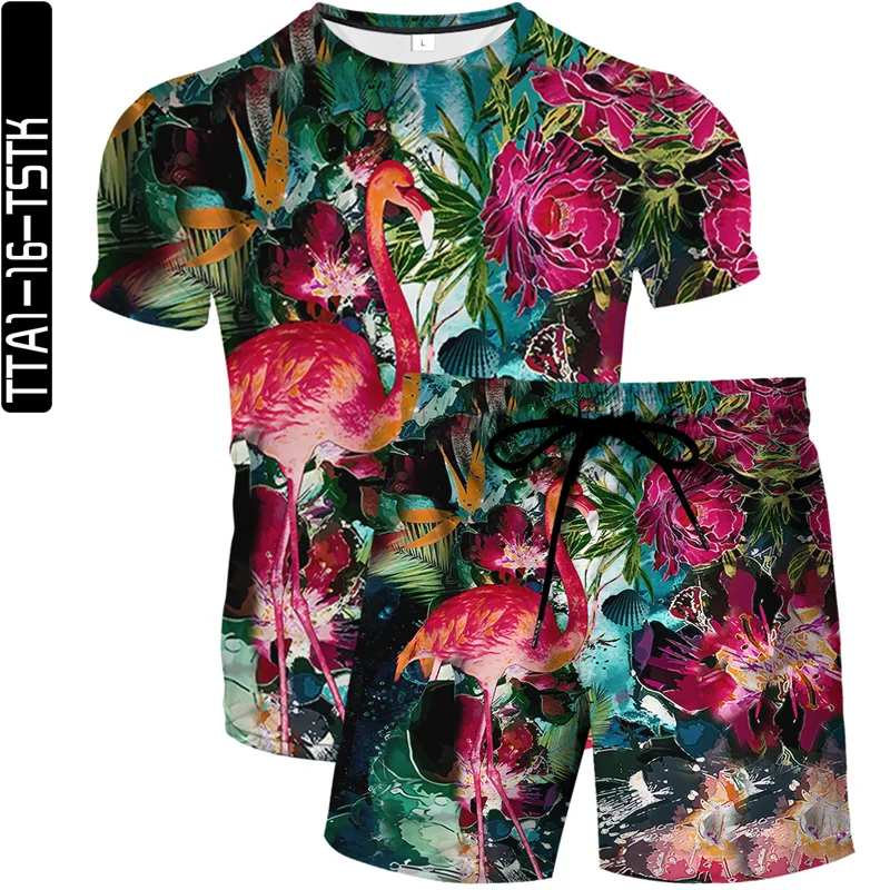 

Men's new 3D printed floral T-shirt + beach pants two-piece summer casual round neck short-sleeved lace-up shorts fashion suit