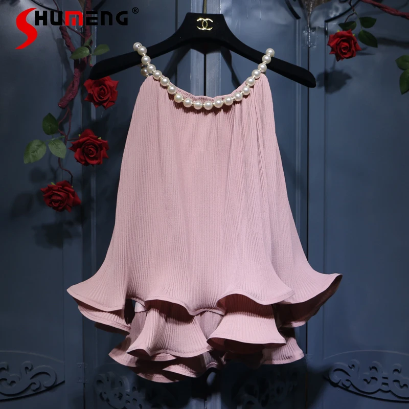 

Loose Ladies Pink Sleeveless Halter Pearl Vest Chiffon Ruffled Hem Blouse Women Blousas Blusas Para Mujer Blusas De Encaje FINAS